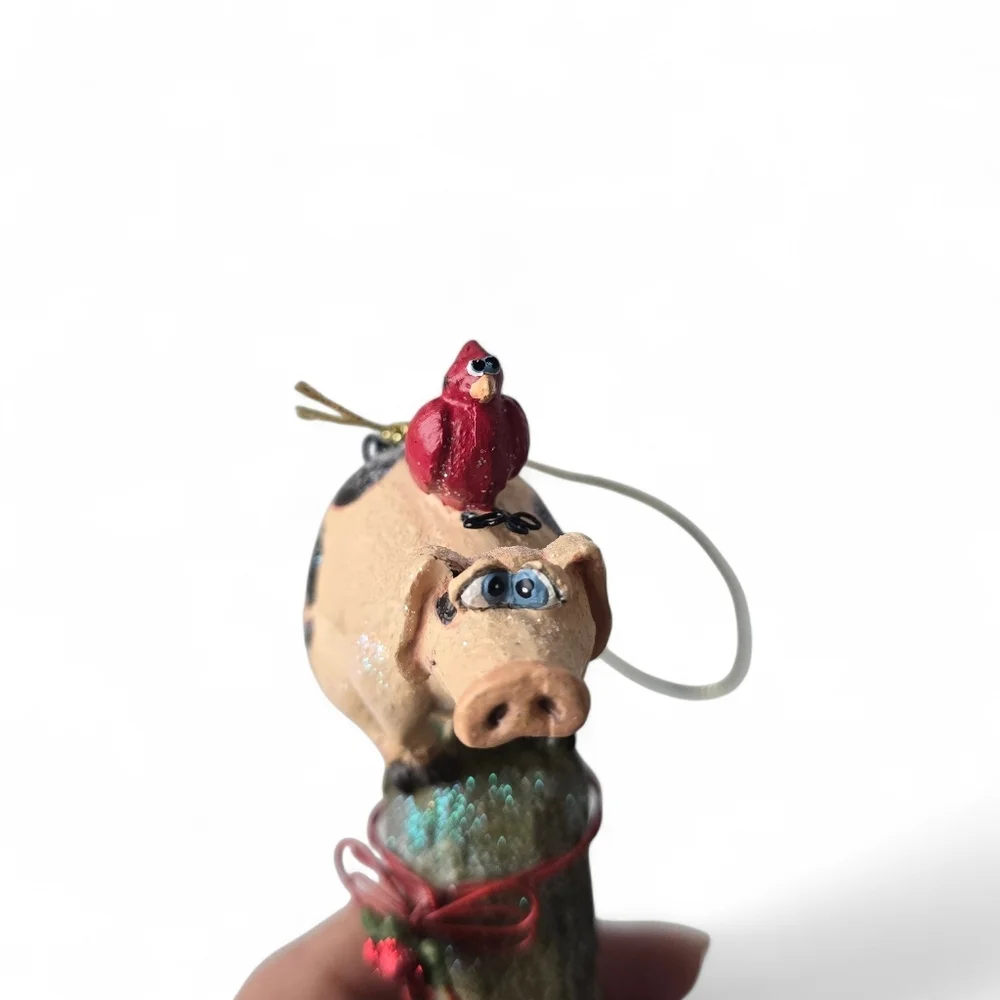 Whimsical Pig on Corn Ornament with Cardinal Folk Art Christmas Tree Decor